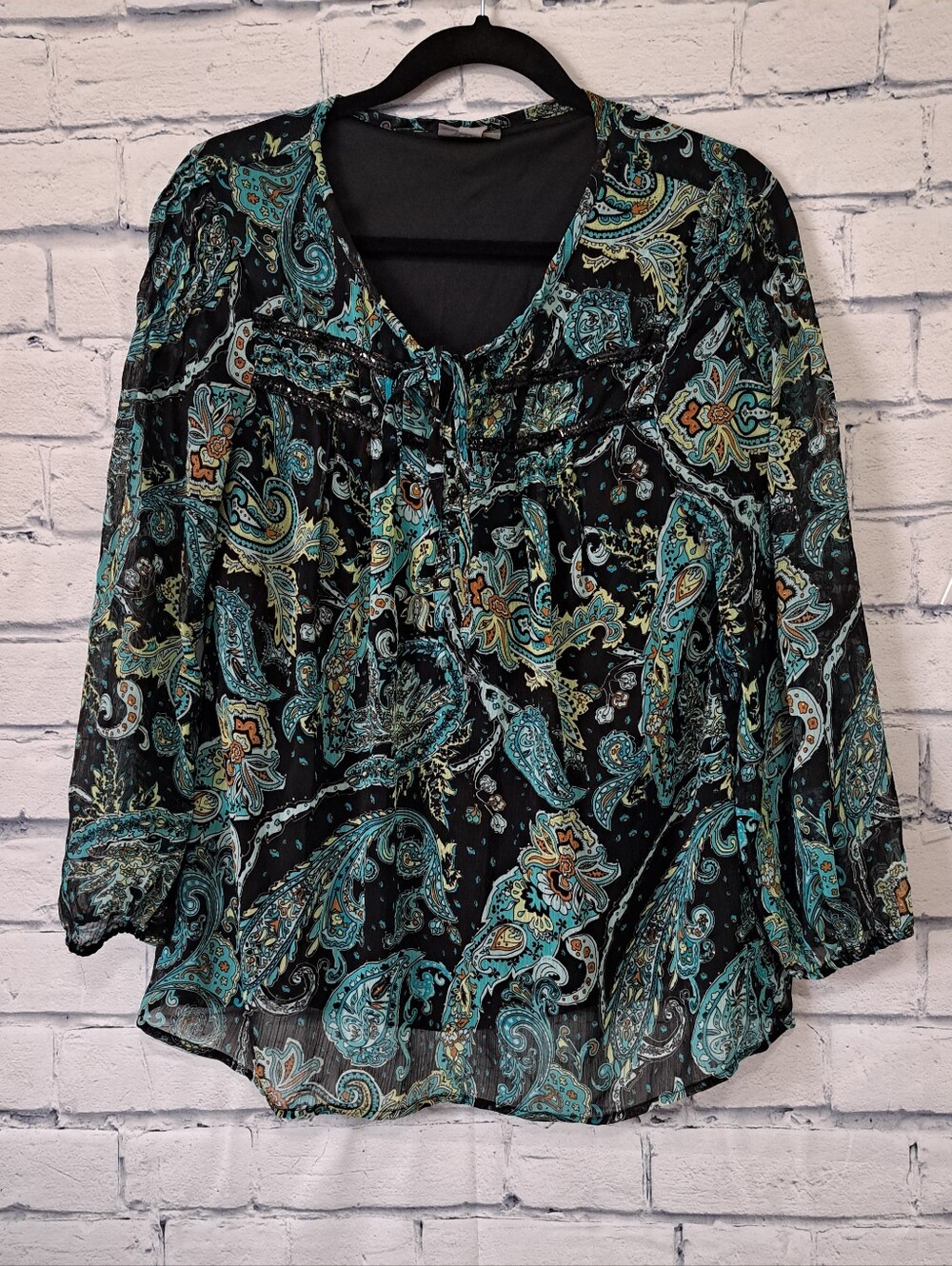 Roz & Ali  Paisley Boho Peasant Top Black Teal and Gold Medium